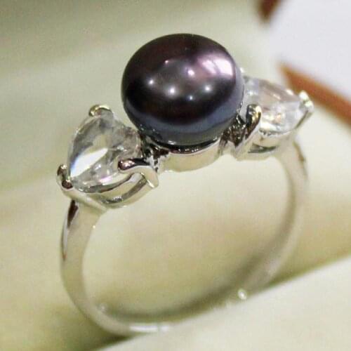 New! ladys silver plated ring with crystal decorated & 9-10mm black shell pearl ring(#7 8 9 )
