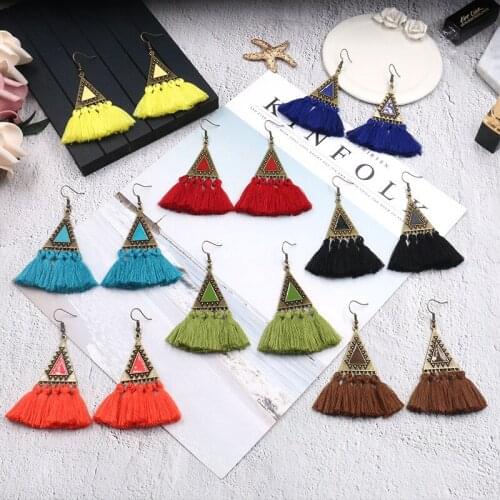 New BOHO Design Geometric Triangle Cotton Fringe Earrings Womens Handmade Woolen Yarn Cotton tassel long drop earrings Jewelry