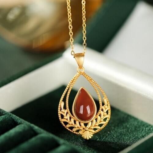 Natural South Red chalcedony water drop hollow Pendant Necklace Chinese style retro unique gold craft womens brand jewelry
