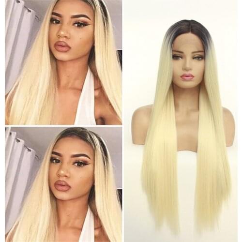 Natural Hairline Swiss Lace Front Wig Long Straight 1B/613# Black to Blonde Ombre Synthetic Wigs For Women Halloween Wig