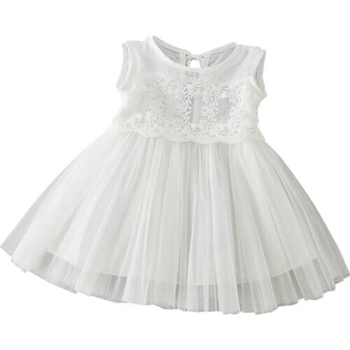 Summer White Tulle Bapstim Dress for Baby Girls Newborn Sleeveless Cute Lace Christening Gown 1st Birthday Dresses for Toddler