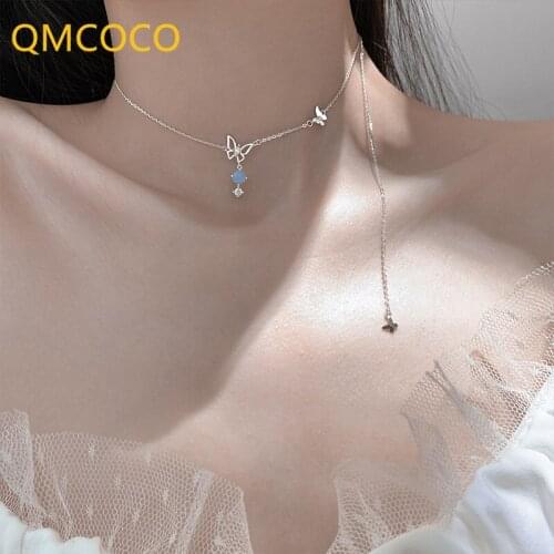 QMCOCO Creative Design Blue Gradient Butterfly Pendant Necklace For Women Simple Trendy Choker Necklaces Party Jewelry Gifts