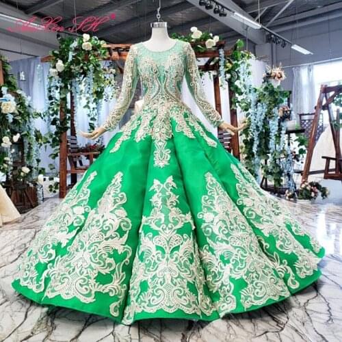 AnXin SH Luxury princess golden flower green lace o neck beading crystal long sleeve sparkly wedding dress 100% real photo