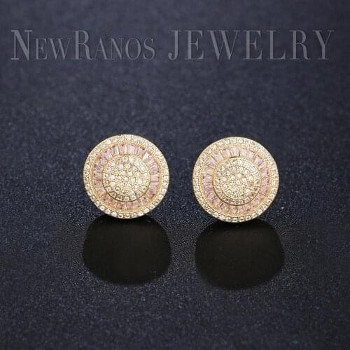 Newranos Champagne Gold Stud Earrings Pave CZ Zircons Round Shape Charm Earrings for Women Fashion Jewelry EHF001722