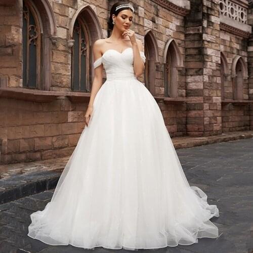 Boho Off the Shoulder Sweetheart Wedding Dress 2021 Elegant A-Line Pleats Sweep Train Organza Backless Bridal Gowns