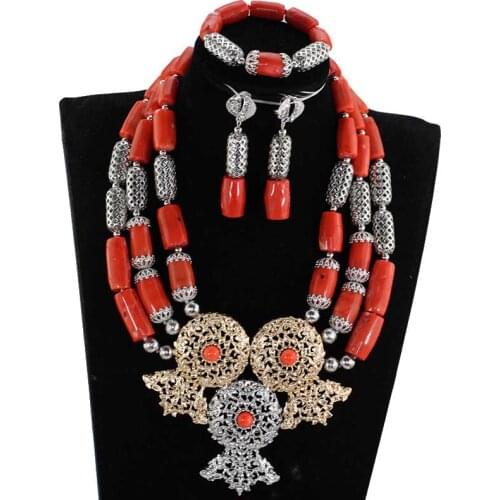 Handmade African Party Coral Beads Jewelry Set Mix Silver and Gold Chunky Nigerian Wedding Coral Women Jewelry Set CNR862
