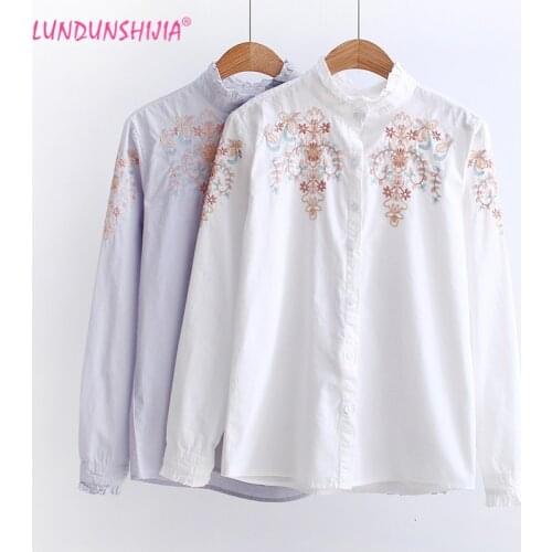 LUNDUNSHIJIA 2020 Women Flowers Embroidery Blouse Ladies Elegant Temperament Blouse Sweet Lotus Leaf Stand Collar Cotton Blouses