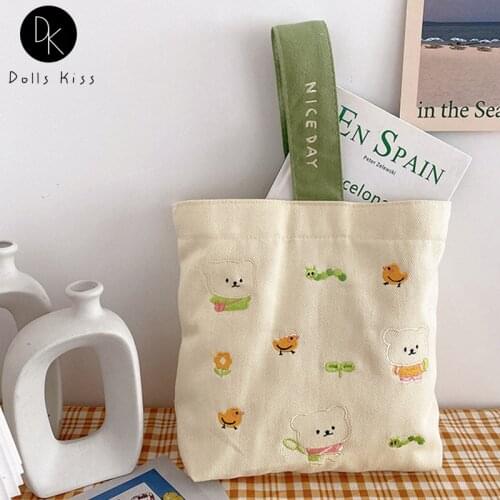 Women Mini Canvas Handbag Female Cute Grass Bear Embroidered Shopping Bag Ladies Spring/Summer Picnic Bag Student Lunch Box Bag
