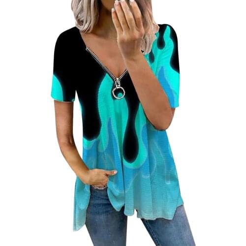 Casual Blouse Tops Woman Sexy V-neck Collar Zipper Color Short Sleeve Fold Casual Blouse Tops Gradient Fashion Zip Waffle Top