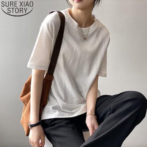 Women Short Sleeve T-shirts Korean Fashion Loose Tees 2021 New Summer Cotton Tshirt Women Round Neck Solid Casual Blusas 13441
