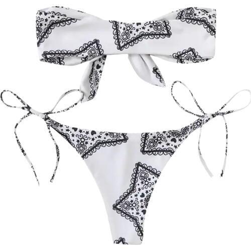 Women Vintage Print Two Pieces Suits Top Low Waisted Bottom Bikini Set Switmsui Ethnic Style Bow Strap Bandeau Bikini Top Z0219