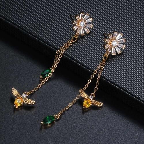 Women Earrings Gold Plated Bee Flower Tassel Cubic Zirconia Earrings Couple Wedding Earrings Send Girlfriend Fashion Jewelry