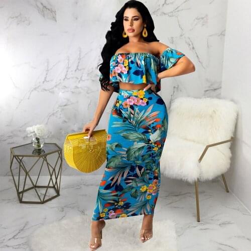 Womens Two Piece Dress Set Floral Print Slash Neck Short Sleeve Pleated Crop Top and High Waist Bodycon Maxi Skirt Vintage
