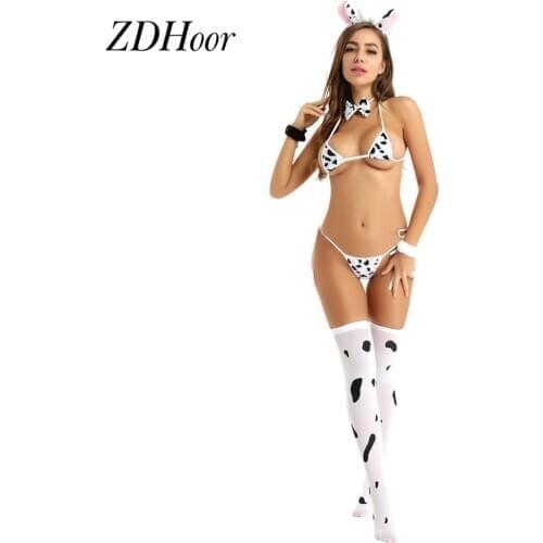Womens Cute Anime Cow Cosplay Costume Japanese Style Sexy Bikini Lingerie Set Role Play Nightclub Sleepwear Exotic Sets