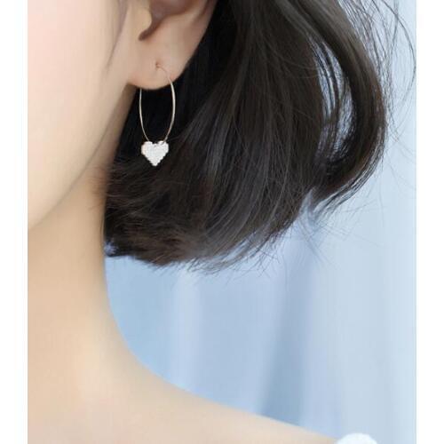 Authentic 100% 925 Sterling Silver fine Jewelry big &Thin circle white zirconia set love heart Hoop HUggie Earrings gtle2323