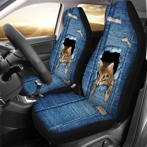 3D Car Seat Cover Full Set Of Universal Auto Seat Protector Personalized Denim Cat Pattern, Suitable For Most Cars, Trucks, SUVs
