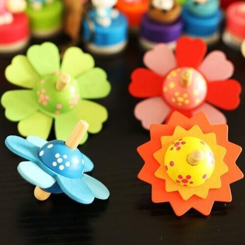 Children Party Toy Super Cute Wooden Painted Flowers Rotating Gyroscope Childrens Educational Toys