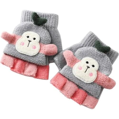 Baby Winter Gloves Cute Cashmere Cartoon Half Finger Gloves Childrens Foldable Mittens Knitted Keep Warm Gloves Girl Boy