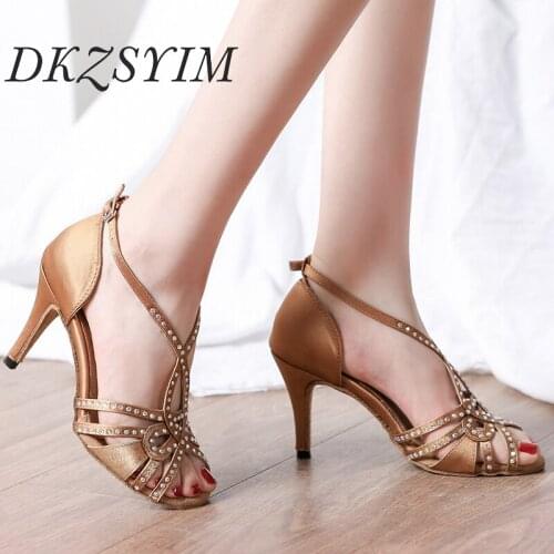 DKZSYIM Women Latin Dance Shoes Rhinestone Ballroom Tango/Samba Dancing Shoes Thin Heels 10CM Dance Sandals High Quality Soft