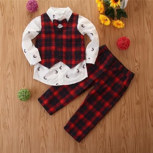 Boys 2020 Penguin Printed Long Sleeve Shirt Top Plaid Vest Pants 3Pcs Sets Kids Fashion Outfits Boys Clothes Set 3T-7T D20