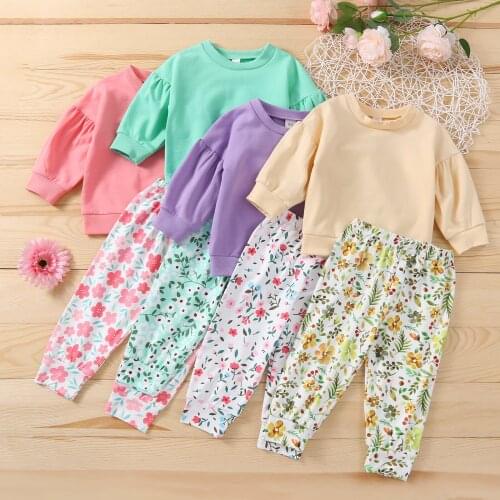 FOCUSNORM 4 Colors Lovely Baby Girls Clothes Sets 1-6Y Solid Long Puff Sleeve Sweatshirt Tops Floral Pants
