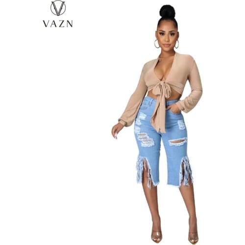 VAZN 2021 Summer High Quality Solid Upsurge Hole Joker Sweet Hollow Out Sexy Young Daily Fashion Calf-Length Denim Pants