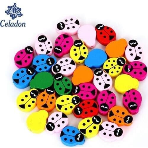 Fashion 50pcs Mixed 2 Holes Cartoon Ladybug Animal Pattern Wood Sewing Buttons Scrapbooking 14x20mm for DIY