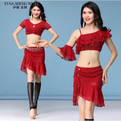 New Gauze Silver Sexy Transparent Women BellyDance Costume Top+Skirt Dancer Practice Wear Team Dance Oriental Dance Dress Suit