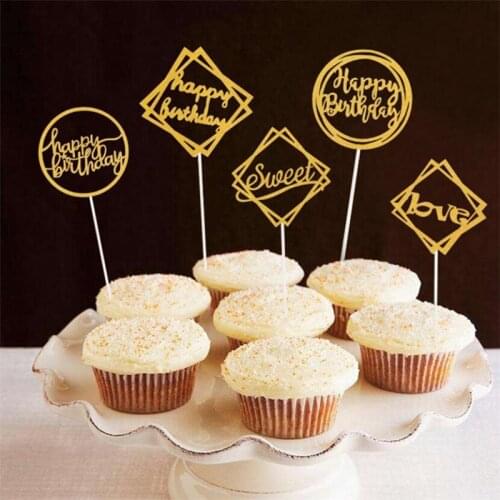 New Colored flowers Happy Birthday Cake Topper Golden Acrylic Birthday party Dessert decoration for Baby shower Baking supplies