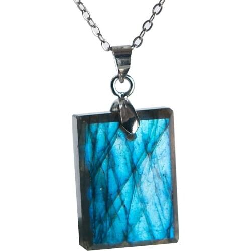 Genuine Natural Labradorite Strong Blue Light Pendant Fashion Square Rectangle 21x16x6mm Woman Man Labradorite Necklace AAAAA