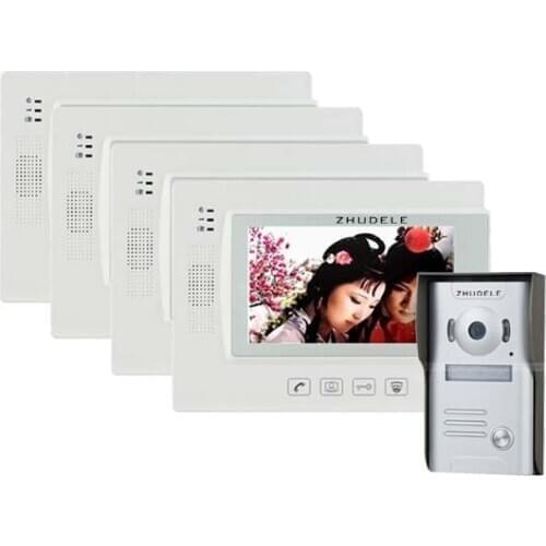 ZHUDELE Home Security Video Intercom 7"Touch Key LCD Video Door Phone + 700TVL IR Camera , Support IP Camera 1Camera+4Monitors