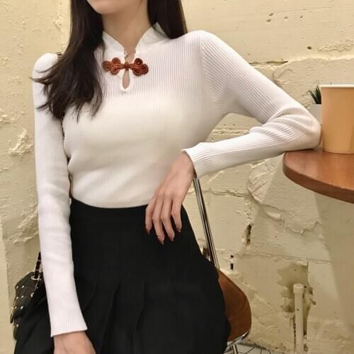 Girls Vintage Sweaters Shirts Female Chinese Style Turtleneck Full Sleeve Slim Sweater Pullovers Tops For Women