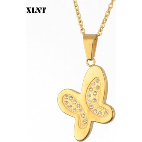 XLNT Butterfly Statement Necklaces Pendants Woman Chokers Collar Stainless Chain 24K Yellow Gold Filled Chunky Jewelry