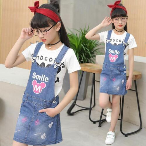 4-12year New Girl Suspenders Skirts Short Sleeve Shirt 2pcs Set Denim Strap Skirt Fashion Girls Overalls Teens Children Clothing