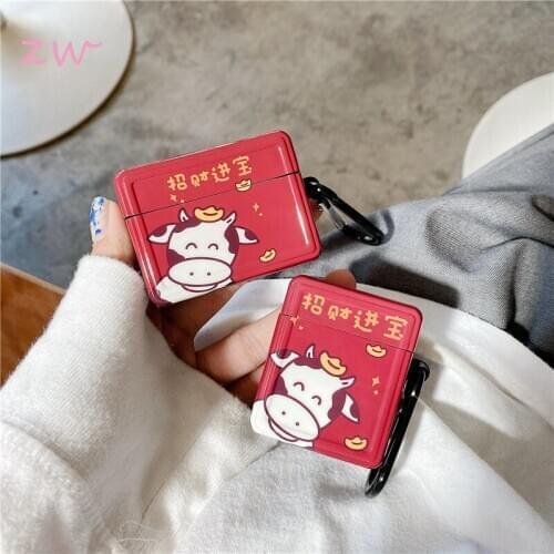For airpods 1 2 pro wireless bluetooth protective cover print red cow 3d earphone case cute cartoon case pendant with hook