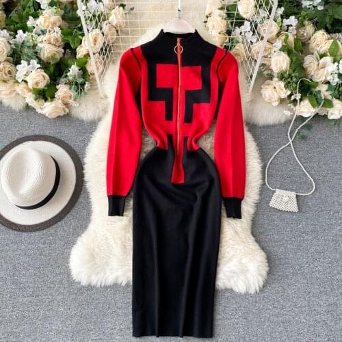 Women Vintage Knitted Sweater Dress O Neck Elastic Sheath Pencil Dress Autumn Solid Zippers Long Sleeve Knee-length Dress