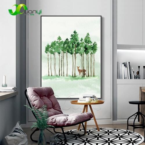 1 Panel Watercolor Painting Nordic Gree Tree Painting Prints On Canvas Nordic Landscape Wall Pictures For Decoraction Unframed