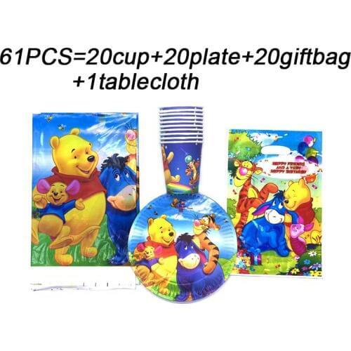 61PCS Cartoon Disney Winnie The Pooh Party Supplies Decor Plates Cups Tableware Birthday Party Gift Bags For Kids Party Supply