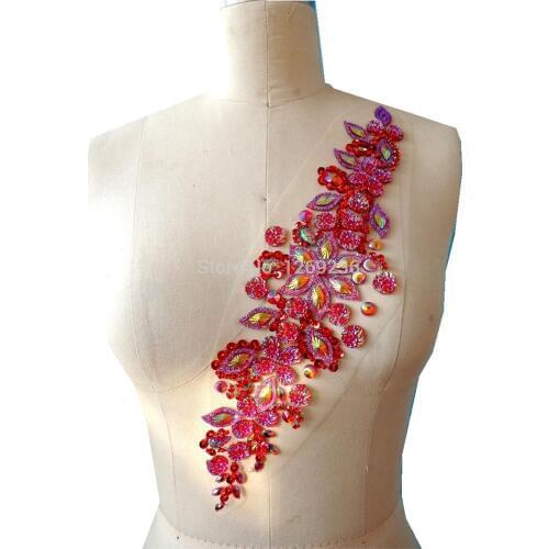 Free shipping Handmade crystal patches red sew on Rhinestones applique with stones sequins beads 36*10cm for top dress