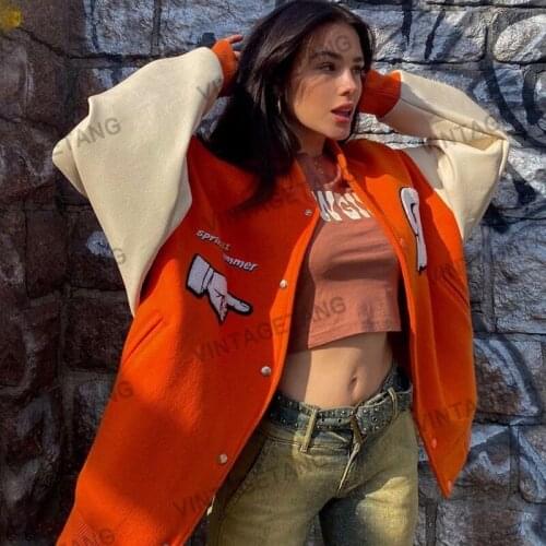 B-TOTO American Retro Orange Flocking Embroidery Baseball Uniform Jacket Tide Ins Female Autumn And Winter Jacket 2021 New