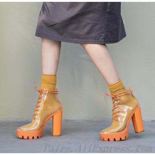 Women PVC Transparent Ankle Boots Lace-up Pointed Toe Square Heel Platform High Heels Ankle Boots for Women Fashion Boots