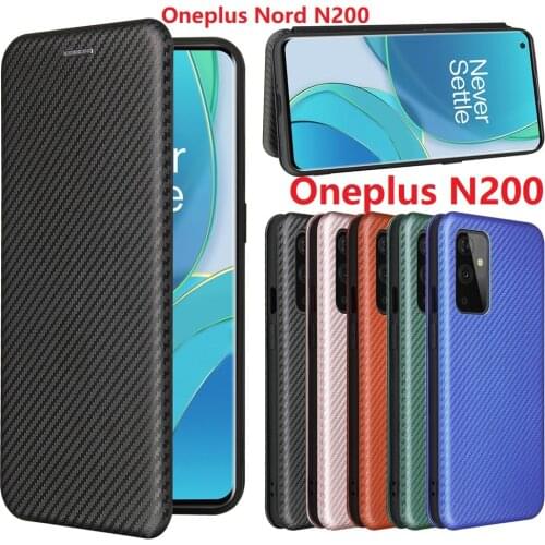 Carbon Fiber For Oneplus Nord 2 5G N200 Case Magnetic Book Stand Flip Card Wallet PU Leather Protective Cover