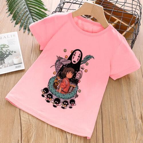 Boys Girls Japanese Anime Spirited Away Printing T Shirt Kids Summer White Pink Tops Children Funny Cartoon T-shirt Short Sleeve
