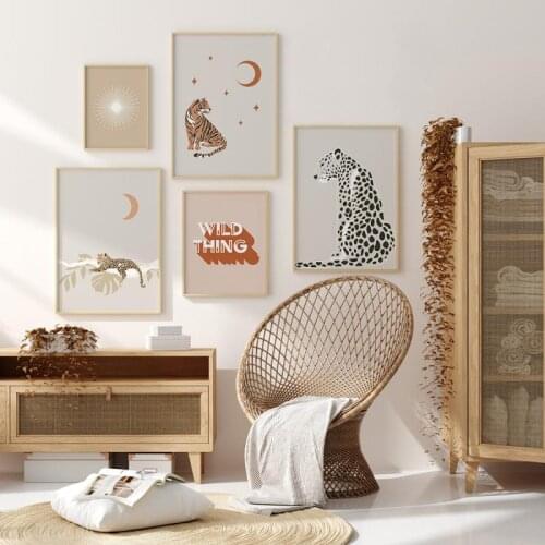 Boho Canvas Painting Moon Sun Leopard Minimalist Art Poster Nordic Retro Prints Picture On The Wall Home Decoration Living Room