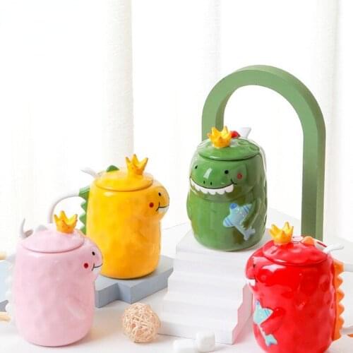450ml Cute Dinosaur Ceramics Coffee Mug With Spoon Cartoon Personality Hand Painted Drinkware Milk Tea Cups Novelty Gifts