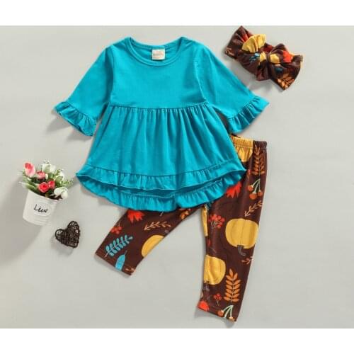 Fashion Kid Girls Autumn Clothes Sets 3pcs Solid Color Long Sleeve Pullover T Shirts Tops Pumpkin Print Pants Headband