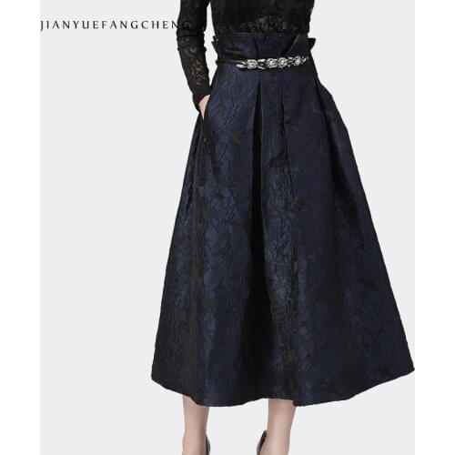 Fashion Jacquard Skirt Women 2020 Winter New High Waist A-Line Blue Ankle-Length Long Skirts Pocketed Plus Size Ball Gown Skirts