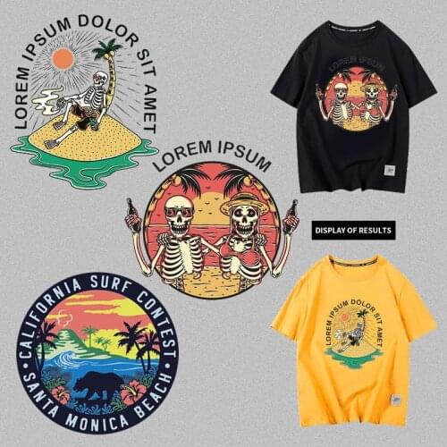 Punk skull coconut tree beach landscape heat transfer vinyl Summer T-shirt decoration printing DIYiron hot patch stickers for