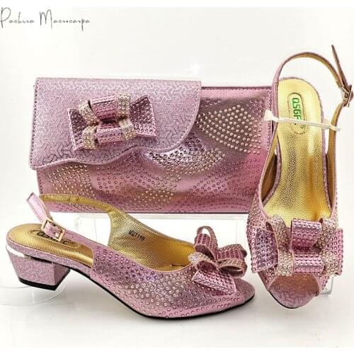 New Arrival Pink Color Italian Design African Party Ladies Shoes and Bag Set With Special Narrow Band and Cross-tied Decoration