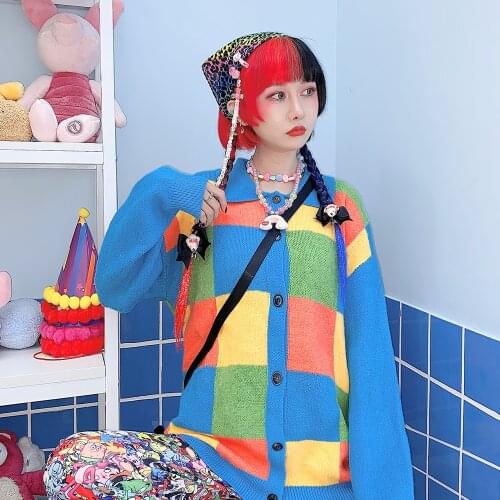 Japanese original night style childrens fun colorful lattice sweet beauty Lapel cardigan sweater sweater sweaters